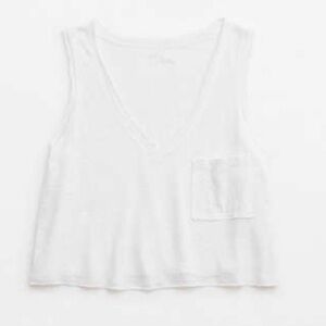 Aerie Breezy Linen V-Neck Pocket Tank Top in White.